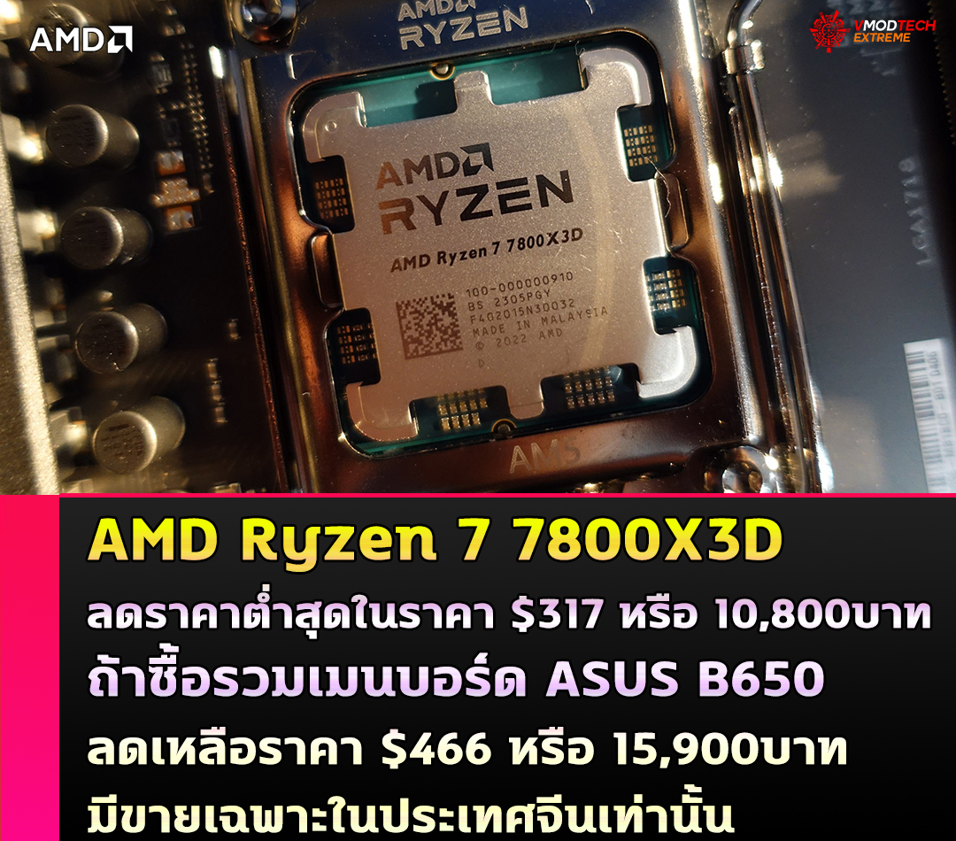 AMD Ryzen 7 7800X3D ลดราคาต่ำสุดเท่าที่เคยมีมาในจีนด้วยราคา $317 หรือประมาณ 10,800บาท ถ้าซื้อรวมเมนบอร์ด ASUS B650 และซีพียู 7800X3D เหลือราคา $466 หรือ 15,900บาท