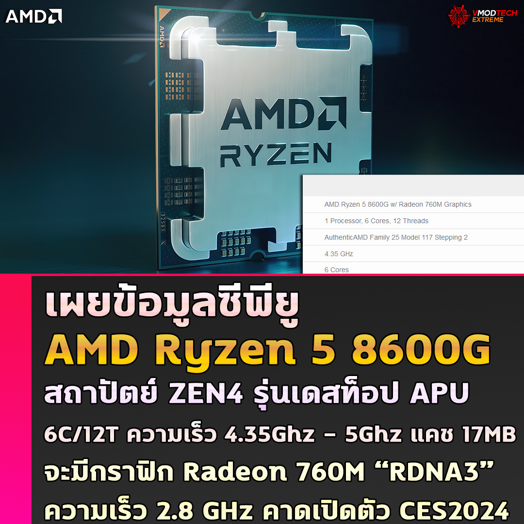 เผยข้อมูลซีพียู AMD Ryzen 5 8600G สถาปัตย์ ZEN4 รุ่นเดสท็อป APU จะมีกราฟิก Radeon 760M “RDNA3” ใช้งานที่ความเร็ว 2.8 GHz 