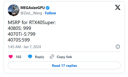 2024 01 07 10 54 48 ลือ!! ราคาการ์ดจอ NVIDIA GeForce RTX 4080 SUPER รุ่นใหม่อยู่ที่ 999USD , RTX 4070 Ti SUPER อยู่ที่ 799USD , RTX 4070 SUPER อยู่ที่ 599USD เปิดตัวในเดือนมกราคมนี้ 