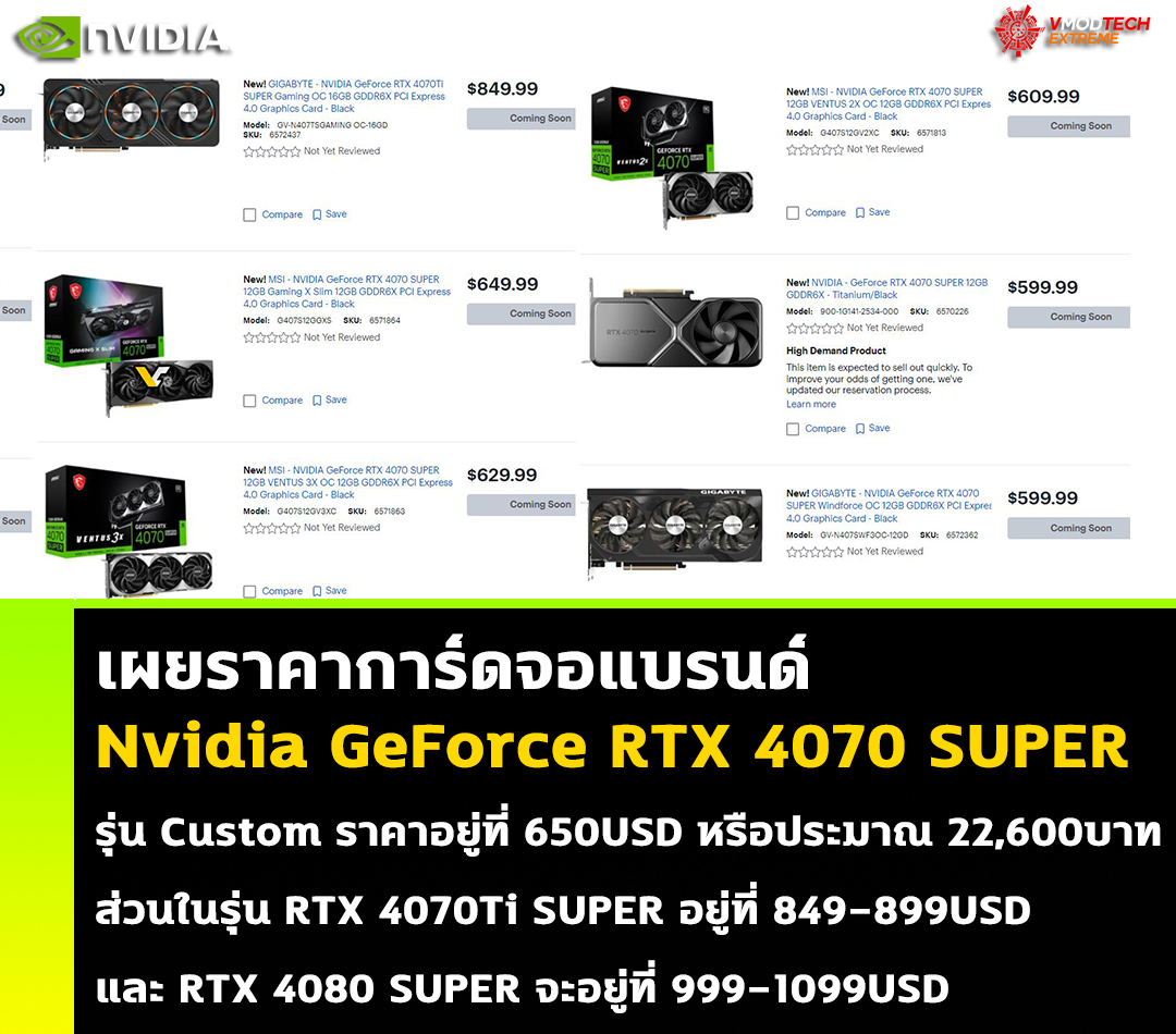 nvidia geforce rtx 4070 super price การ์ดจอ Nvidia GeForce RTX 4070 SUPER รุ่น Custom ของแบรนด์ราคาอยู่ที่ 650USD หรือประมาณ 22,600บาทไทย 