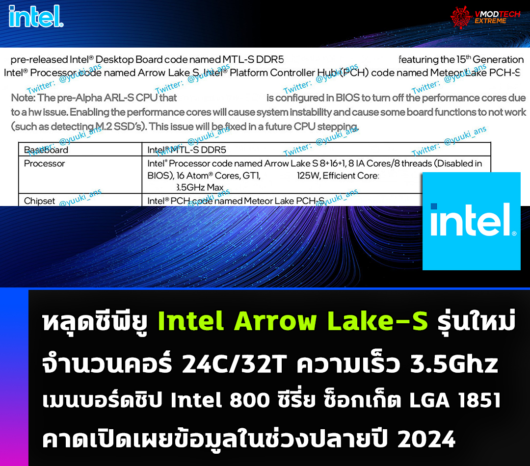 intel arrow lake s 15th gen 2024 หลุดซีพียู Intel Arrow Lake S รุ่นใหม่ที่ยังไม่เปิดตัวมีจำนวนคอร์ 24C/32T ใช้เมนบอร์ดชิป Intel 800 ซีรี่ย์ 