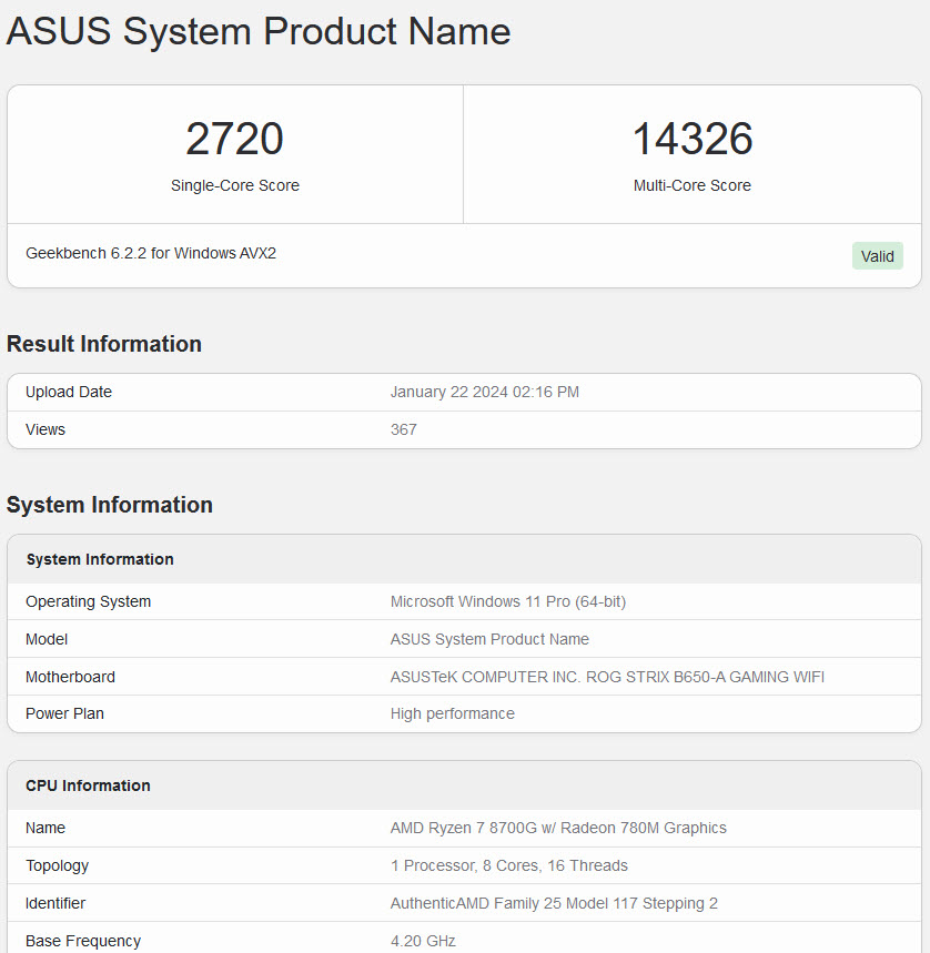 2024 01 25 10 32 09 หลุดผลทดสอบ AMD Ryzen 8700G และ 8600G APUs รุ่นใหม่ล่าสุดในโปรแกรม Geekbench 