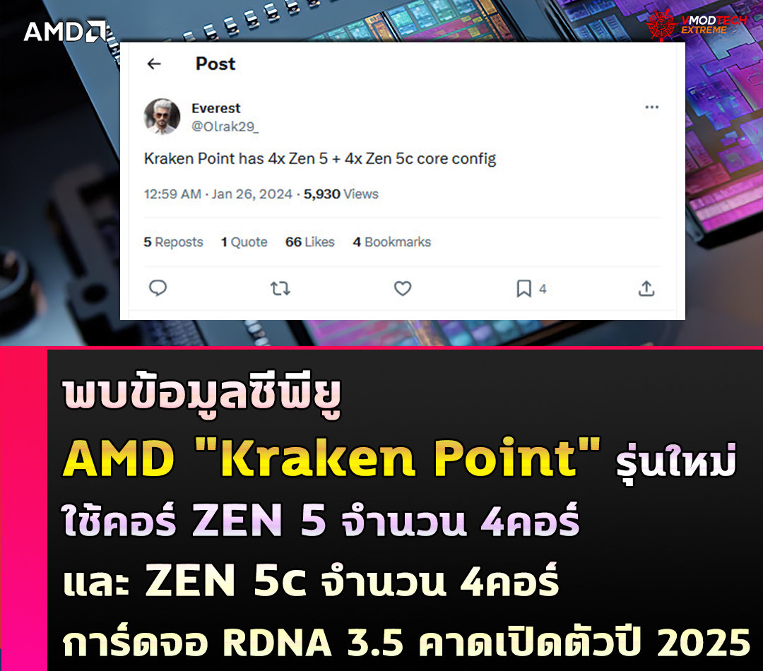 amd kraken point zen5 พบข้อมูลซีพียู AMD Kraken Point ใช้คอร์ Zen 5 จำนวน 4คอร์ และ Zen 5c จำนวน 4คอร์ 