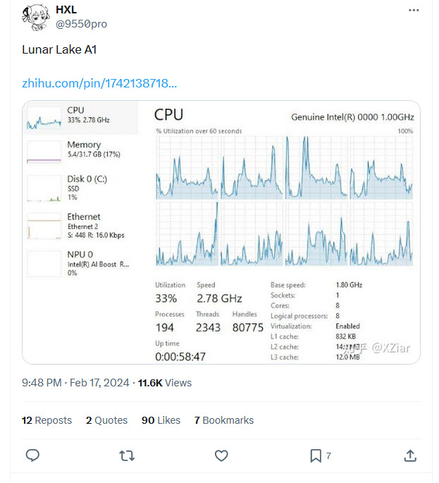 2024 02 18 8 32 30 หลุดซีพียู Intel Lunar Lake A1 มาพร้อมจำนวนคอร์ 8Core / 8Thread ความเร็ว 2.8Ghz 