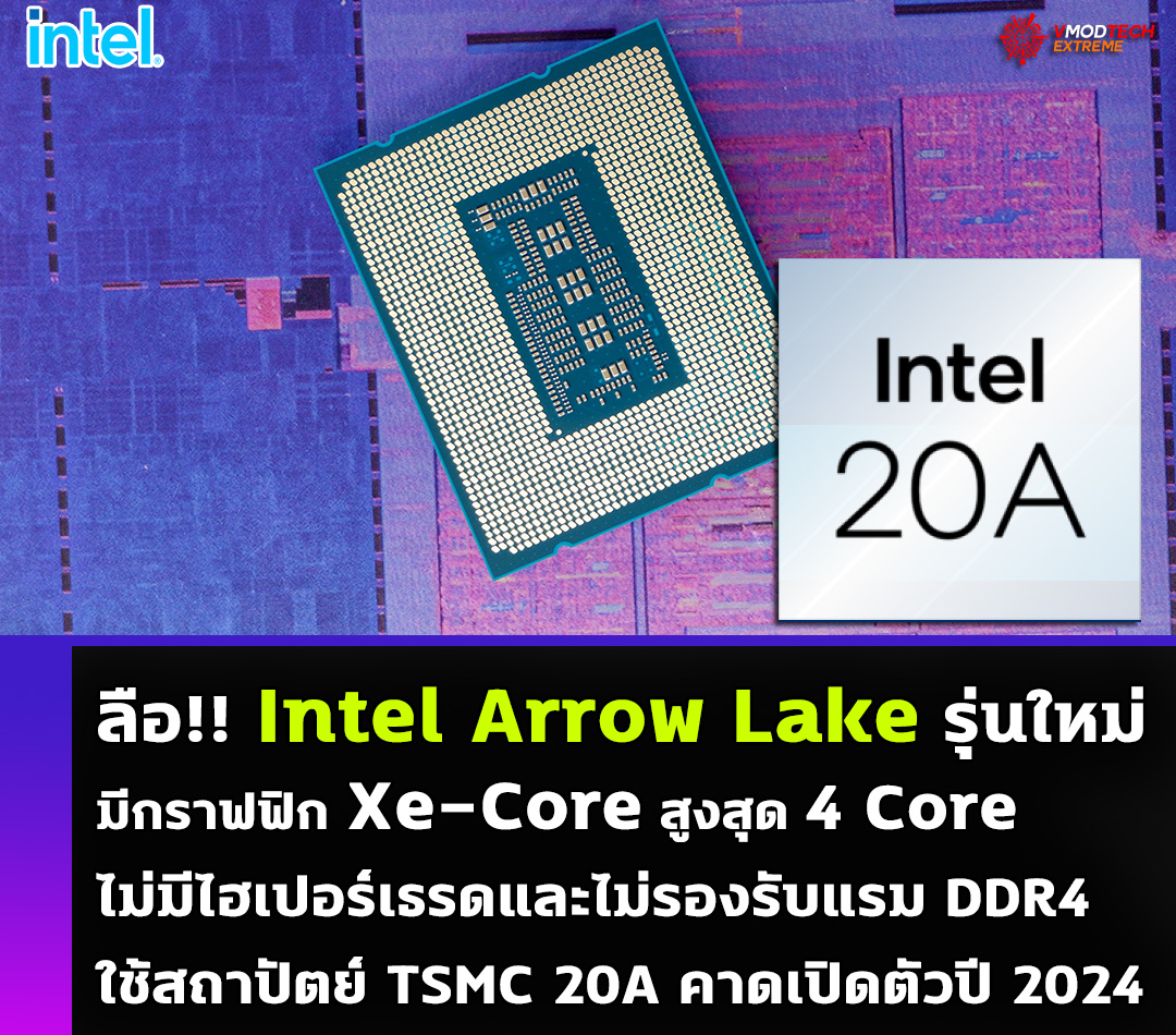 intel arrow lake xe core 4core ลือ!! Intel Arrow Lake รุ่นใหม่มีฟีเจอร์กราฟฟิก Xe Core สูงสุด 4 Core ไม่มีไฮเปอร์เธรดและไม่รองรับ DDR4