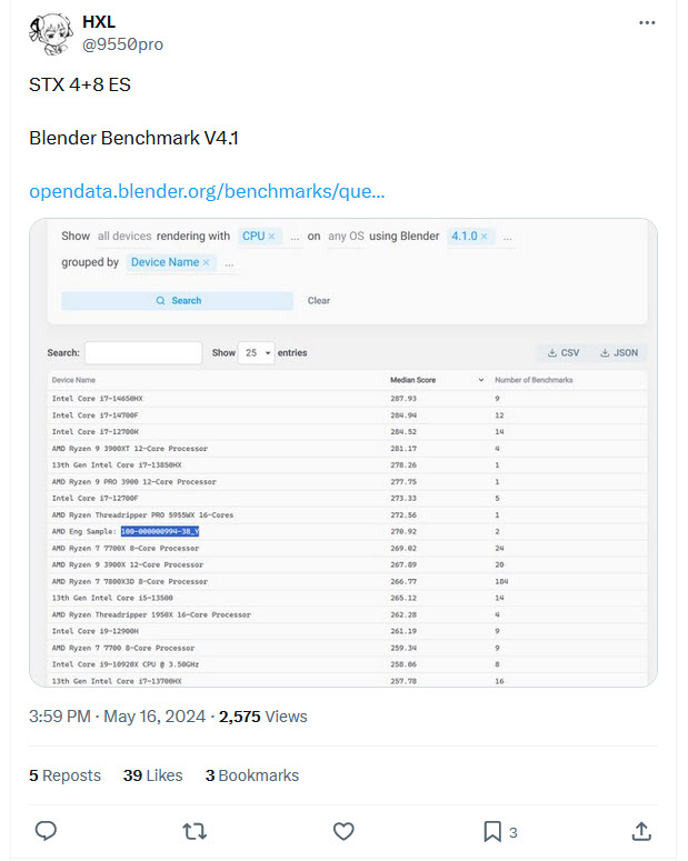 2024 05 16 19 56 07 หลุดผลทดสอบ AMD Ryzen “Strix Point” APU มาพร้อมด้วยจำนวนคอร์ 12C/24T สถาปัตย์ ZEN5 ประสิทธิภาพแรงกว่า Ryzen 7 7700X “Zen 4” ในการทดสอบ Blender 