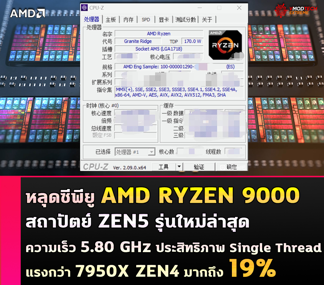 amd ryzen 9000 zen5 benchmark หลุดซีพียู AMD RYZEN 9000 สถาปัตย์ ZEN5 รุ่นใหม่ล่าสุดความเร็ว 5.80 GHz ประสิทธิภาพ Single Thread แรงกว่า 7950X ZEN4 มากถึง 19% 