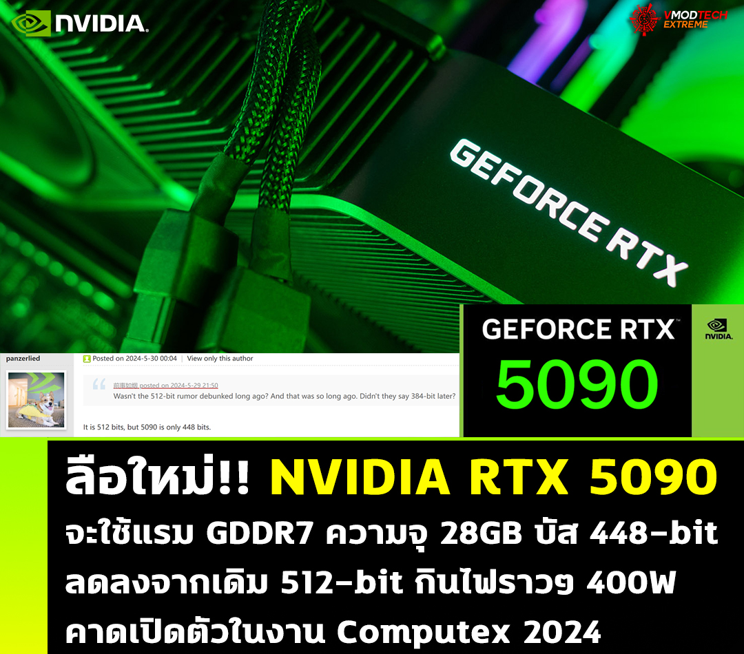 nvidia geforce rtx 5090 spec 448 bit gddr7 2024 ลือใหม่!! NVIDIA RTX 5090 รุ่นใหม่จะใช้แรม GDDR7 ความจุ 28GB และบัส 448 bit