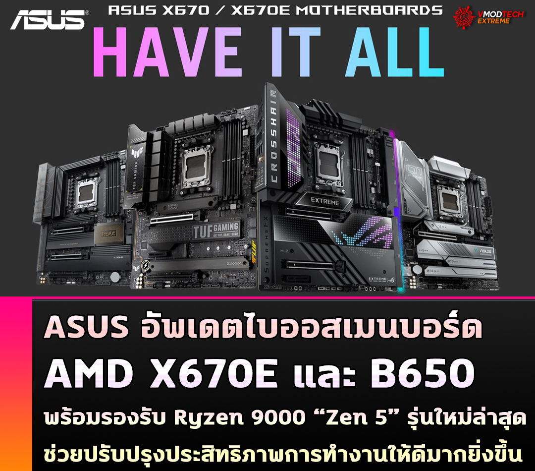 ASUS อัพเดตไบออสเมนบอร์ด X670E และ B650 ด้วย BIOS เวอร์ชั่น AMD AGESA 1.2.0.0 ปรับปรุงประสิทธิภาพสำหรับซีพียู Ryzen 9000 “Zen 5” รุ่นใหม่ล่าสุด