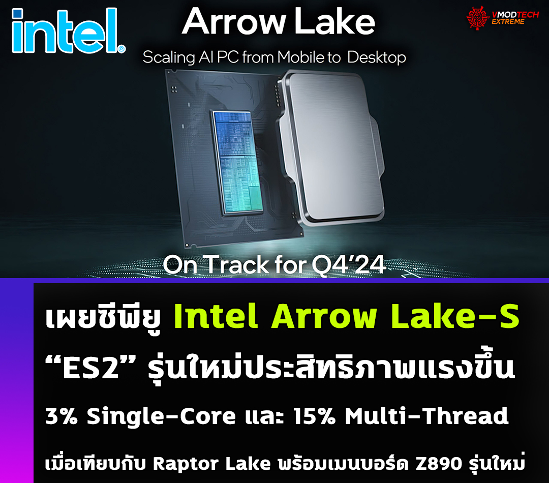 เผยซีพียู Intel Arrow Lake-S “ES2” รุ่นใหม่ประสิทธิภาพแรงขึ้น 3% Single-Core และ 15% Multi-Thread เมื่อเทียบกับซีพียูรุ่นปัจจุบัน Raptor Lake