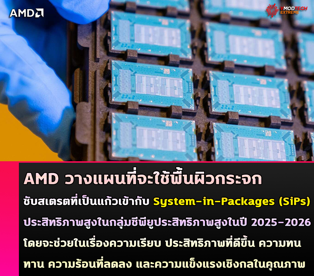 AMD วางแผนที่จะใช้พื้นผิวกระจกซับสเตรตที่เป็นแก้วเข้ากับ System-in-Packages (SiPs) ที่มีประสิทธิภาพสูงในกลุ่มซีพียูประสิทธิภาพสูงในปี 2025-2026