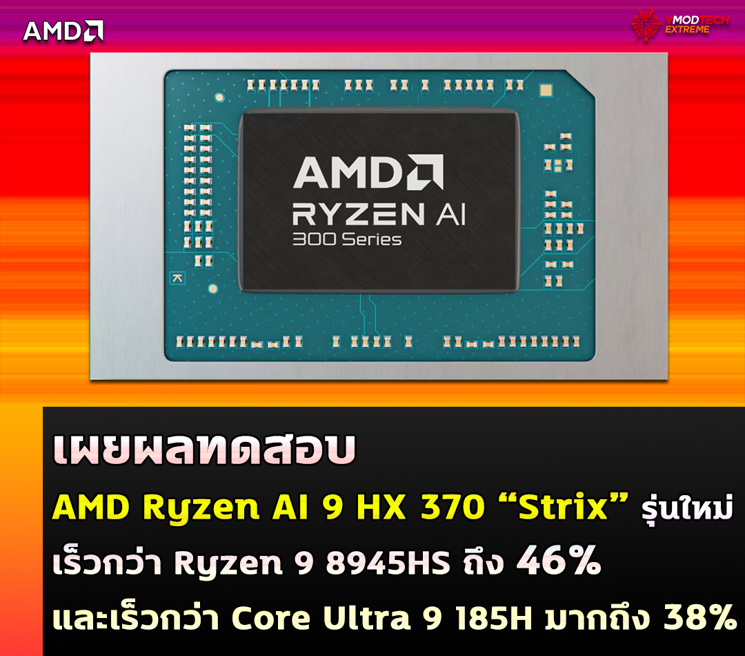 เผยผลทดสอบ AMD Ryzen AI 9 HX 370 12-Core “Strix” APU รุ่นใหม่เร็วกว่า Ryzen 9 8945HS ถึง 46% และเร็วกว่า Core Ultra 9 185H มากถึง 38% 