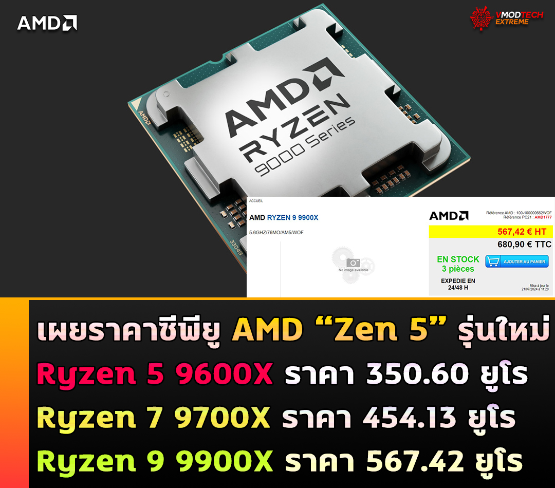 เผยราคาซีพียู AMD “Zen 5” รุ่นใหม่ Ryzen 5 9600X อยู่ที่ 350.60 ยูโร, Ryzen 7 9700X อยู่ที่ 454.13 ยูโร, Ryzen 9 9900X อยู่ที่ 567.42 ยูโร