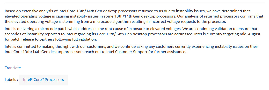 2024 07 23 10 34 16 Intel รู้ปัญหาความไม่เสถียรของซีพียู Intel 13 และ 14th Gen เกิดจากปัญหาแรงดันไฟฟ้าที่สูงเกินเกิดจากอัลกอริธึมไมโครโค้ดและเตรียมอัพเดทไบออสแก้ไขไมโครโค้ดในช่วงเดือนสิงหาคมนี้