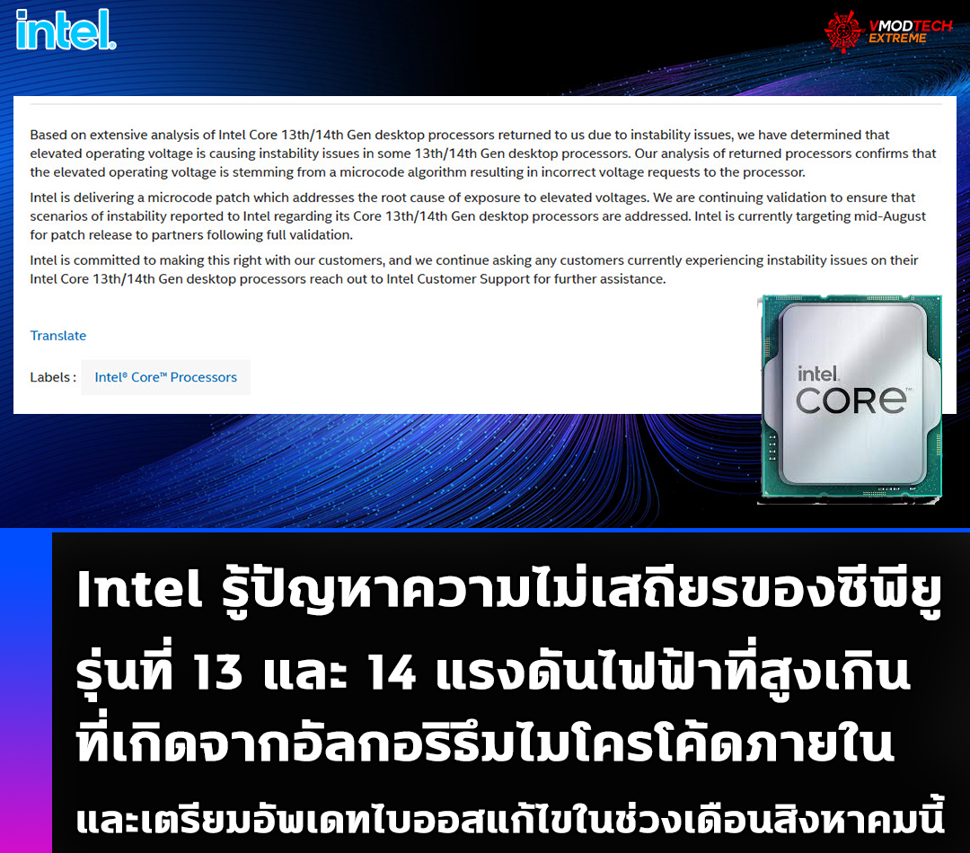 intel core 14 th raptor lake microcode update incoming Intel รู้ปัญหาความไม่เสถียรของซีพียู Intel 13 และ 14th Gen เกิดจากปัญหาแรงดันไฟฟ้าที่สูงเกินเกิดจากอัลกอริธึมไมโครโค้ดและเตรียมอัพเดทไบออสแก้ไขไมโครโค้ดในช่วงเดือนสิงหาคมนี้