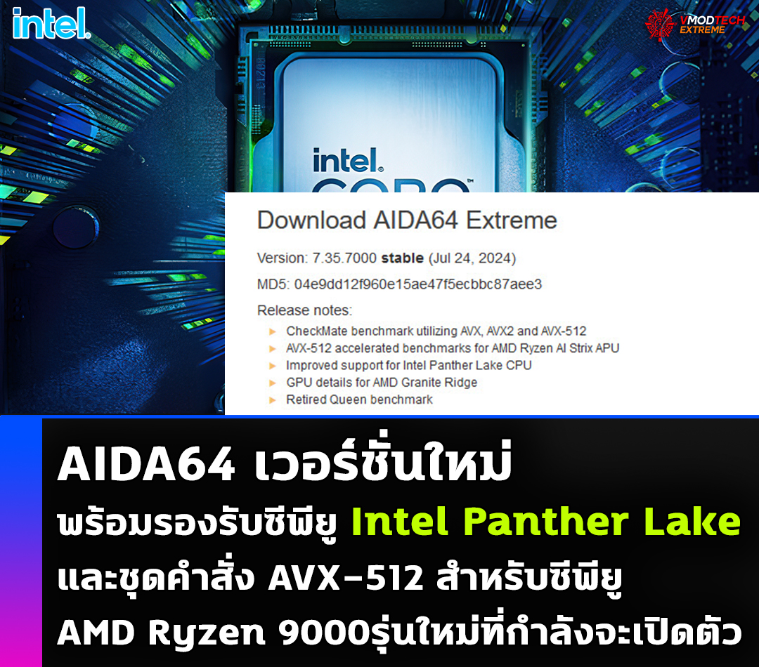 intel panther lake aida64 AIDA64 เวอร์ชั่นใหม่พร้อมรองรับซีพียู Intel Panther Lake และชุดคำสั่ง AVX 512 สำหรับซีพียู AMD Ryzen 9000รุ่นใหม่ที่กำลังจะเปิดตัว 