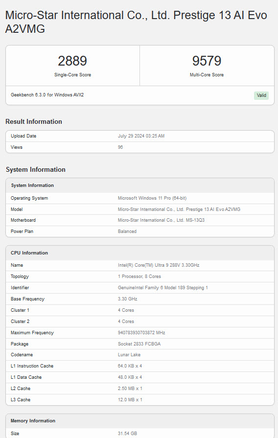 2024 07 30 9 53 49 หลุดผลทดสอบ Intel Core Ultra 9 288V รุ่นท็อปรหัส “Lunar Lake” ปรากฏผลทดสอบในปรแกรม Geekbench