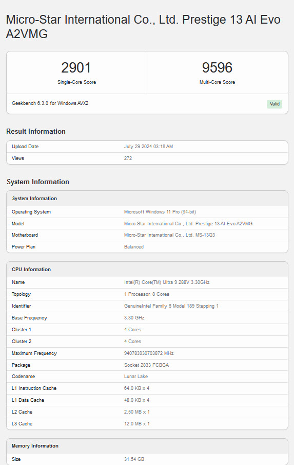 2024 07 30 9 54 17 หลุดผลทดสอบ Intel Core Ultra 9 288V รุ่นท็อปรหัส “Lunar Lake” ปรากฏผลทดสอบในปรแกรม Geekbench