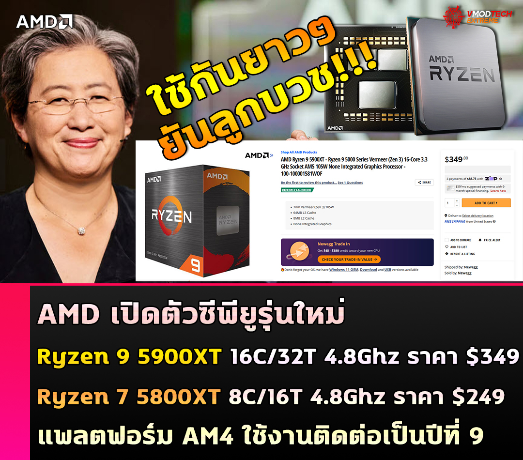 AMD เปิดตัวซีพียู Ryzen 9 5900XT ราคาอยู่ที่ $349 และ Ryzen 7 5800XT ราคาอยู่ที่ $249 รุ่นใหม่แพลตฟอร์ม AM4 ยังคงใช้งานได้อยู่ติดต่อเป็นปีที่ 9