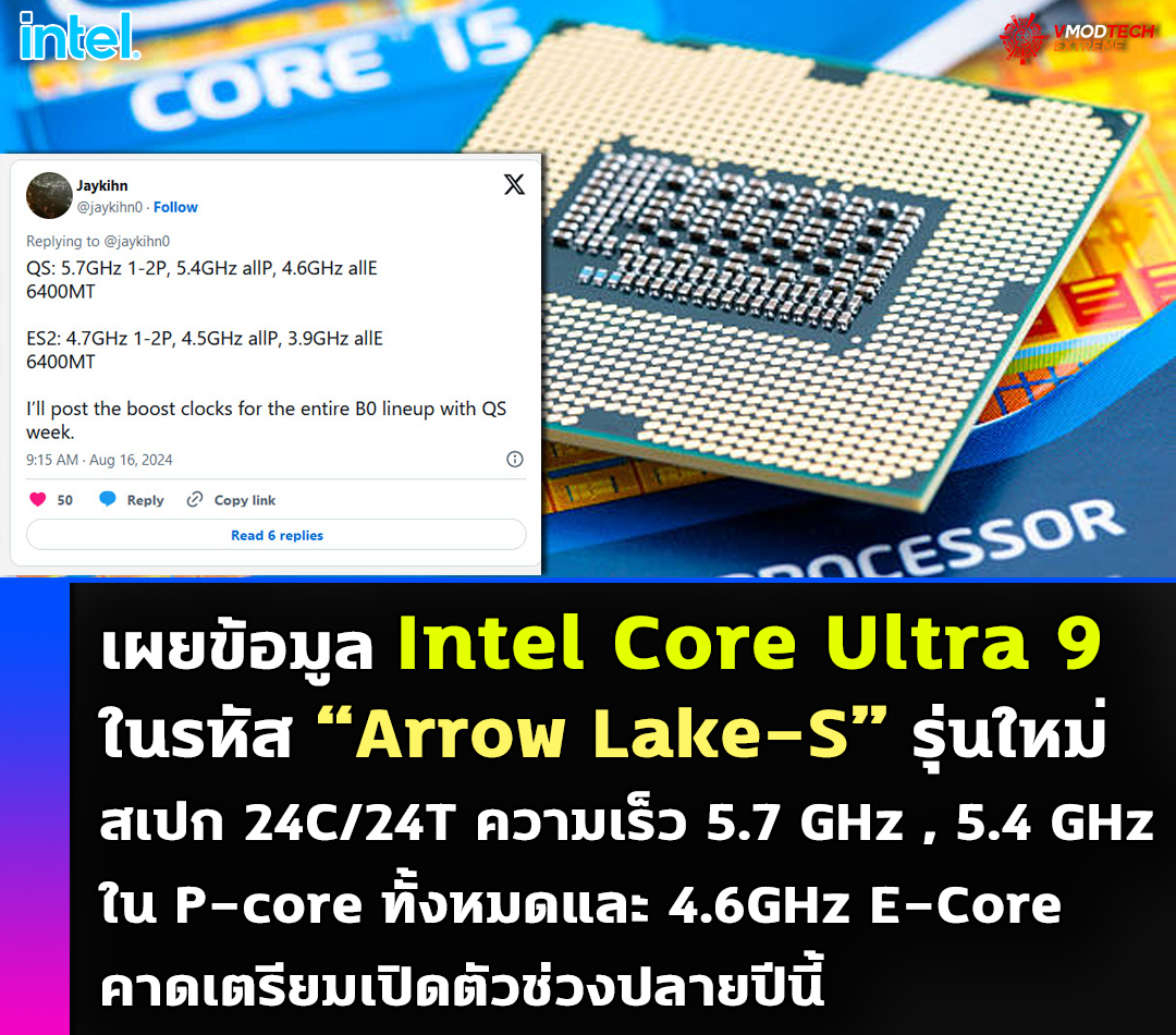 intel core ultra 9 arrow lake s 5700mhz p core เผยข้อมูล Intel Core Ultra 9 ในรหัส “Arrow Lake S” รุ่นใหม่มีสเปกจำนวนคอร์ 24C/24T มีความเร็ว 5.7 GHz, 5.4 GHz P core และ 4.6Ghz E Core