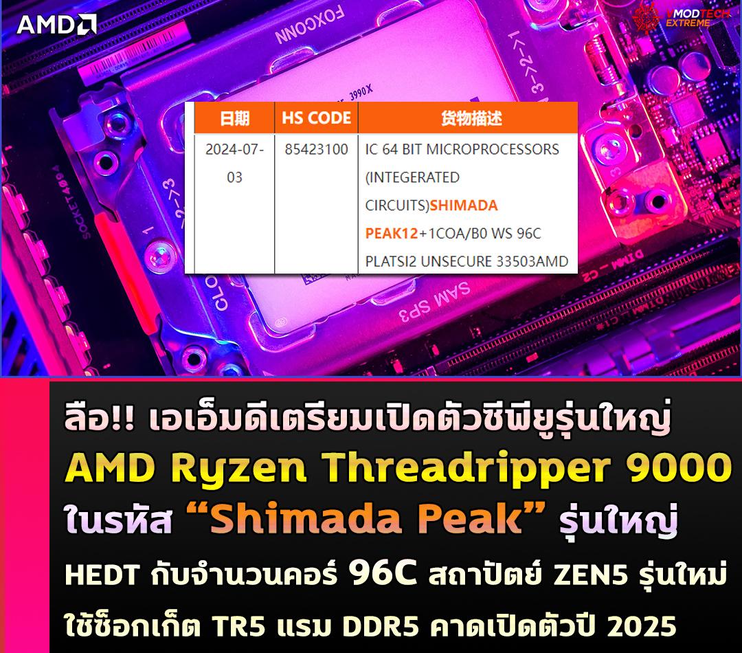 ลือ!! ข้อมูลซีพียู AMD Ryzen Threadripper 9000 ในรหัส “Shimada Peak” รุ่นใหญ่ HEDT กับจำนวนคอร์ 96C สถาปัตย์ ZEN5 รุ่นใหม่