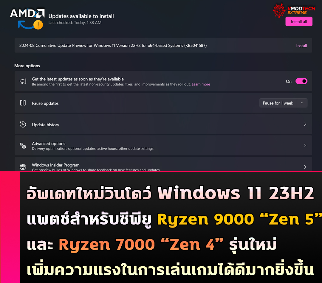 amd windows 11 update zen5 zen4 อัพเดทใหม่วินโดว์ Windows 11 23H2 พร้อมรองรับประสิทธิภาพที่เพิ่มขึ้น Prediction Optimization แพตช์สำหรับซีพียู Ryzen 9000 “Zen 5” และ Ryzen 7000 “Zen 4” เพิ่มความแรงในการเล่นเกมได้ดีมากยิ่งขึ้น