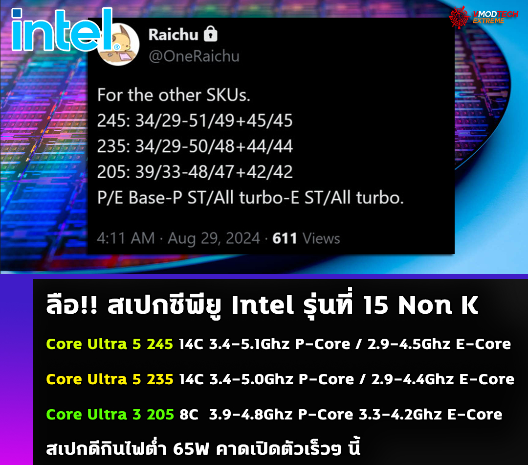 ลือ!! สเปกซีพียู Intel Core Ultra 5 245, 235 และ Core Ultra 3 205 รุ่น Non K ใหม่ล่าสุด