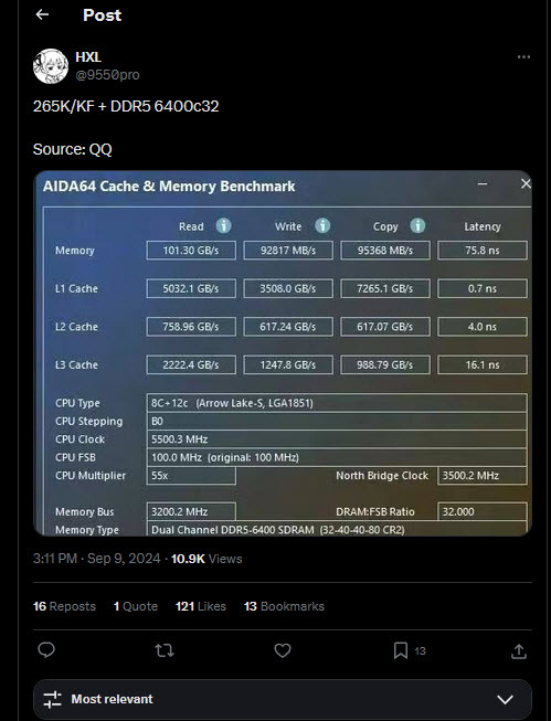 2024 09 10 14 21 34 หลุดผลทดสอบ Intel Core Ultra 7 265K รุ่นใหม่ใน AIDA64 ประสิทธิภาพ L1+L3 ดีขึ้นกว่าเดิมแต่ L2 ประสิทธิภาพต่ำกว่าเดิม