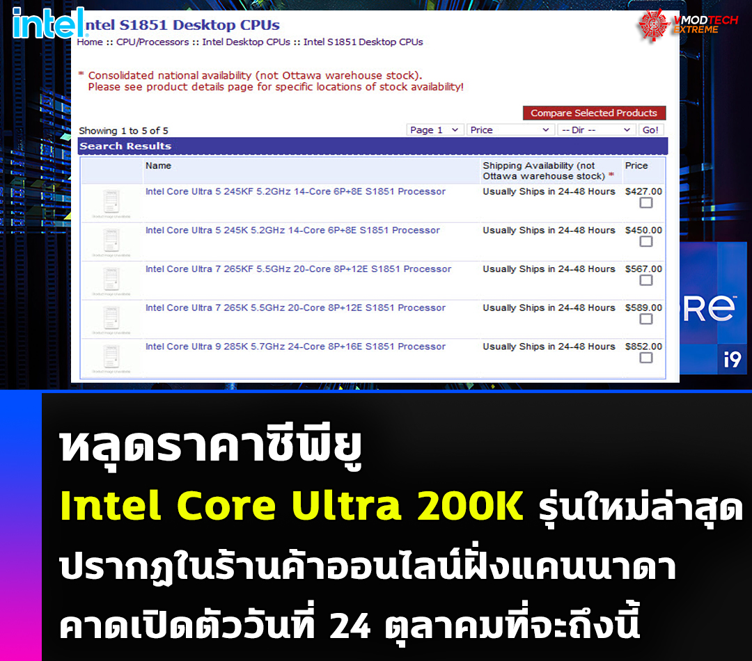 หลุดราคาซีพียู Intel Core Ultra 200K รุ่นใหม่ล่าสุดปรากฏในร้านค้าออนไลน์ 