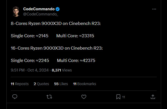 2024 10 05 19 42 55 ลือ!! ผลทดสอบซีพียู AMD Ryzen 9000X3D รุ่นใหม่ในการทดสอบ Cinebench R23 แรงกว่ารุ่นก่อน 10% ถึง 28% เมื่อเทียบกับ Ryzen 7000X3D รุ่นปัจจุบัน