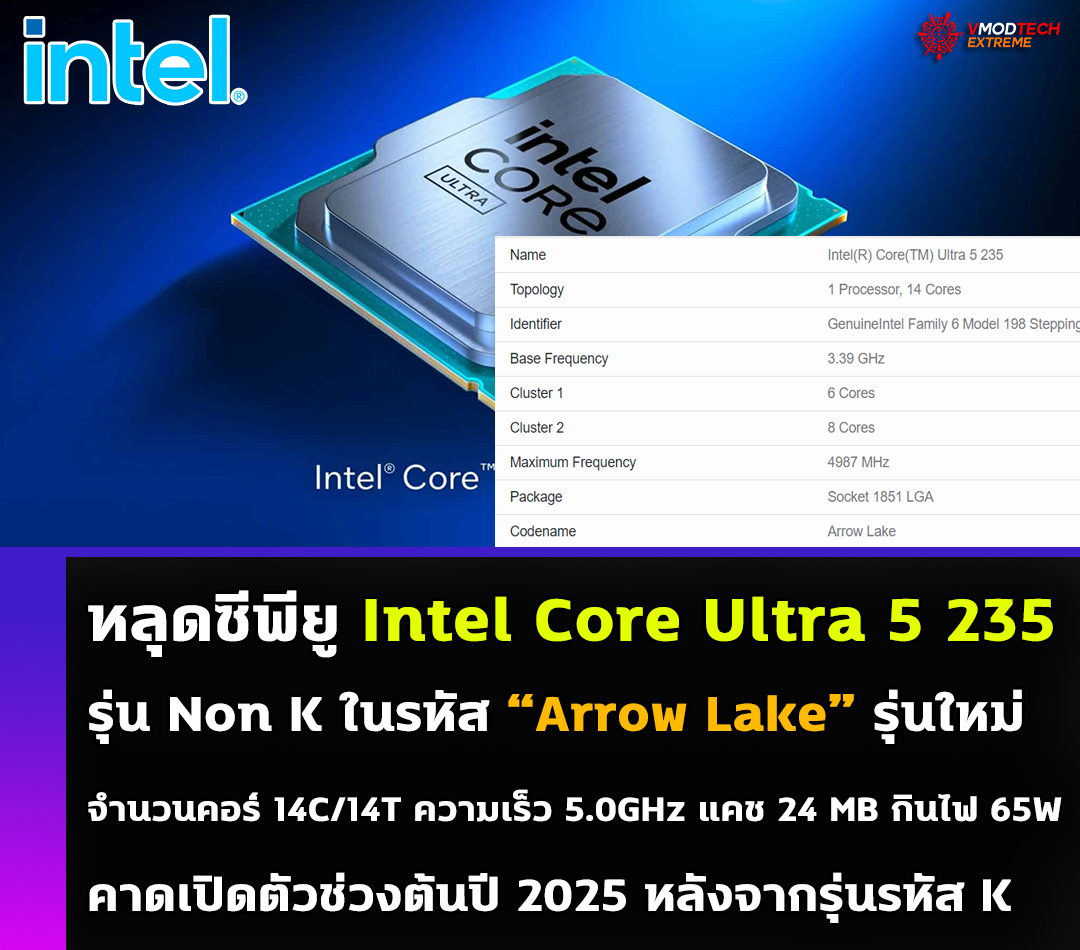 intel core ultra 5 235 หลุดซีพียู Intel Core Ultra 5 235 ในรหัส “Arrow Lake” รุ่นใหม่มีจำนวนคอร์ 14 Cores ความเร็ว 5 GHz