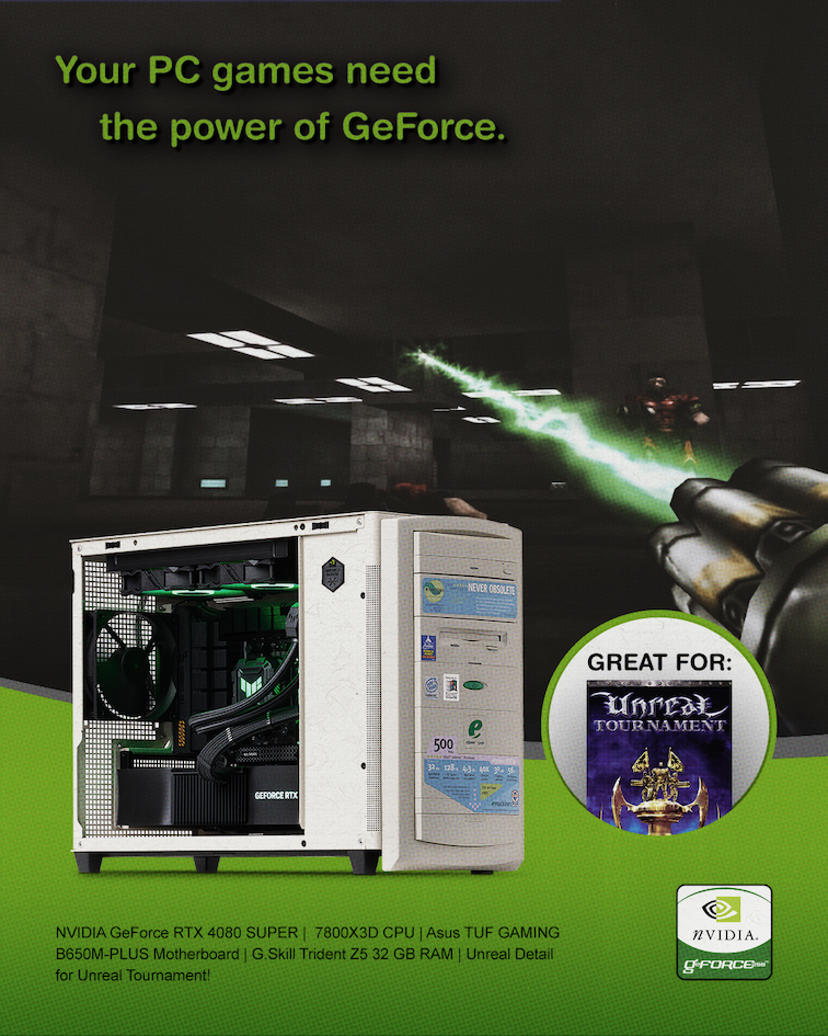 gf256 retro sleeper pc 1999 advert NVIDIA GeForce 256 ครบรอบ 25 ปี ถือเป็นการ์ดจอตัวแรกของโลกยกระดับการเล่นเกมและจุดประกายยุค AI ได้อย่างไร 