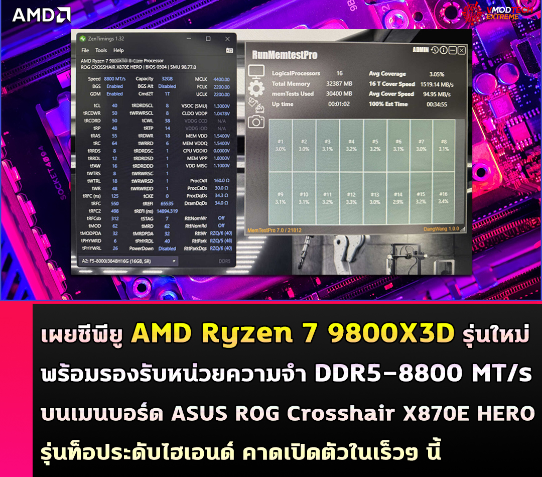 เผยซีพียู AMD Ryzen 7 9800X3D รุ่นใหม่พร้อมรองรับหน่วยความจำ DDR5-8800 MT/s บนเมนบอร์ด ASUS ROG Crosshair X870E HERO รุ่นท็อประดับไฮเอนด์