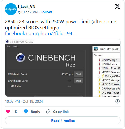 2024 10 20 11 35 47 หลุดผลทดสอบ Intel Core Ultra 9 285K รุ่นใหม่แรงขึ้นเพียง 6% กินไฟที่ 250W เมื่อเทียบกับ Core i9 14900KS ในโหมด Extreme