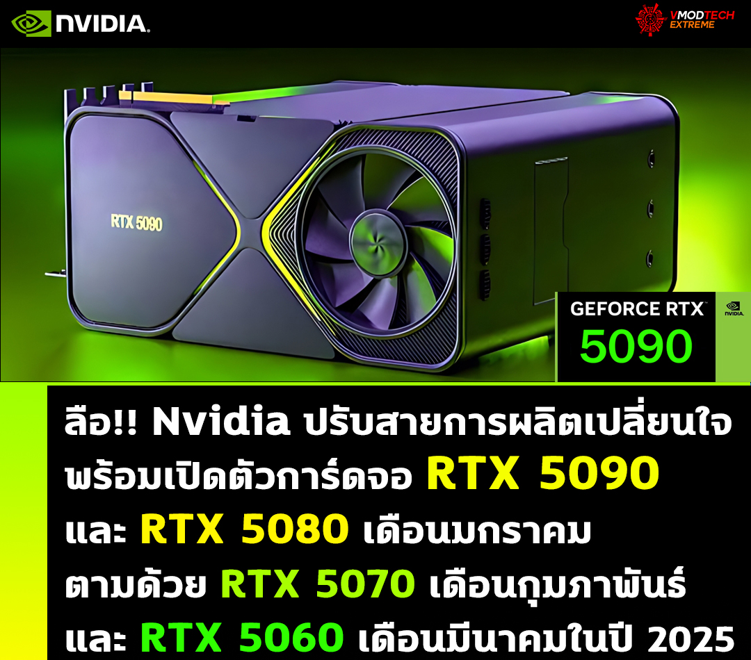 ลือ!! Nvidia ปรับสายการผลิตเปลี่ยนใจพร้อมเปิดตัวการ์ดจอ RTX 5090 และ RTX 5080 ในเดือนมกราคม ตามด้วย RTX 5070 ในเดือนกุมภาพันธ์ และปิดท้าย RTX 5060 ในเดือนมีนาคมในปี 2025