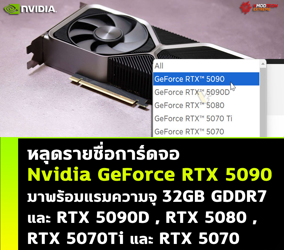 nvidia geforce rtx 5090d rtx 5080 rtx 5070ti rtx 5070 หลุดรายชื่อการ์ดจอ Nvidia GeForce RTX 5090 มาพร้อมแรมความจุ 32GB GDDR7 และรายชื่อ RTX 5080 และ RTX 5070 ซีรี่ย์ 