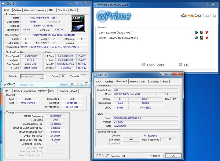 wprime MSI 890FXA GD70 & AMD Phenom II X6 1090T