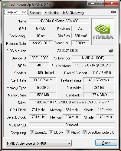 gpuz 01 GALAXY nVidia Geforce GTX480 : Review