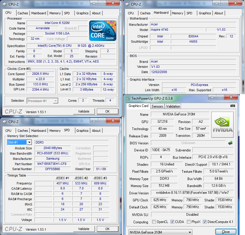 cpuz Review : Acer Aspire 4740G (Core i5 520)