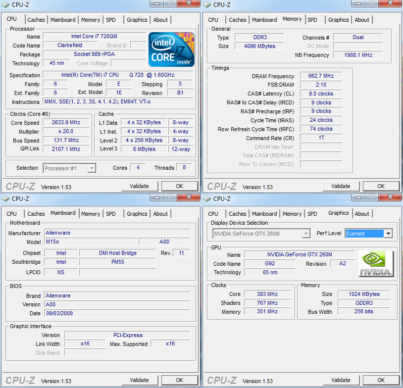cpuz Review : DELL Alienware M15x Core i7 720 & Geforce GTX260m