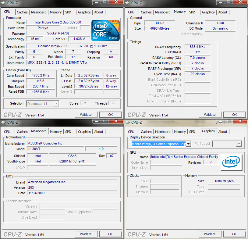 cpuz Review : Asus UL30v (Intel Core 2 Duo SU7300)