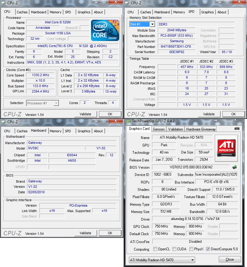cpuz Review : Gateway NV59C (Intel Core i5 520)