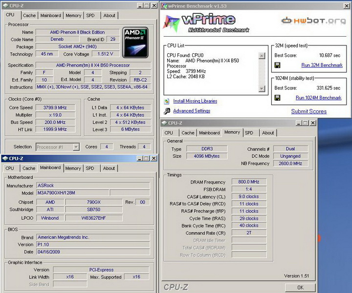 wprimer Phenom II X2 550BE VS Asrock M3A790GXH/128M 4 Core Test..