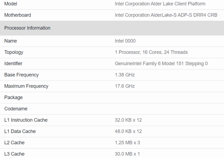 intel alder lake s geekbench 768x541 หลุดข้อมูลซีพียู Intel Alder Lake S ขนาดสถาปัตย์ 10nm มีจำนวนคอร์ 16C/24T รุ่นใหม่ล่าสุดที่ยังไม่เปิดตัวอย่างเป็นทางการ