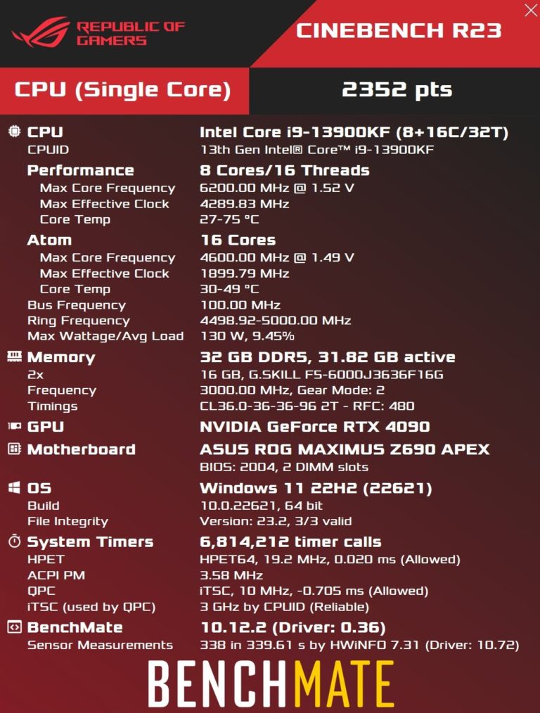 core i9 13900kf benchmate 768x1014 หลุดผลทดสอบซีพียู Intel Core i9 13900KF โอเวอร์คล๊อกไปที่ความเร็ว 6.2 GHz ด้วยชุดน้ำสำเร็จ AIO cooler