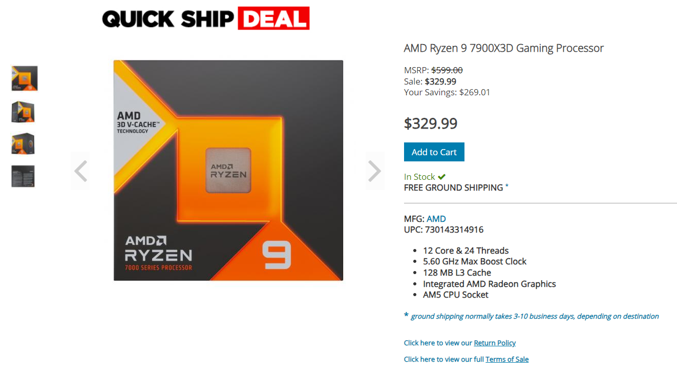 amd ryzen 9 7900x3d 32999 usd cpu deal AMD Ryzen 9 7900X3D ลดราคาลงเหลือ $329 จากเดิมตอนเปิดตัว $599 คาดลดราคาเพื่อรับซีพียูใหม่ Ryzen 9000ซีรี่ย์ ZEN5 